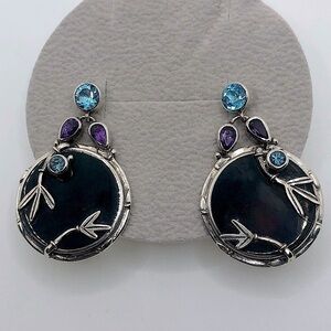 SAJEN Sterling Amethyst Blue Topaz Round Disc Circle Bamboo Motif Earrings 1.4”